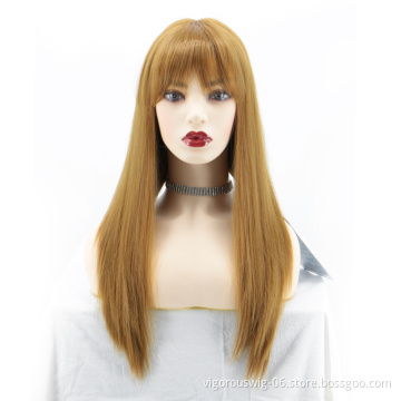 Vigorous Long Straight Brown Synthetic Fiber no lace full Wig black Women cheap fashion extansions Hair Wigs with bangs cosplay